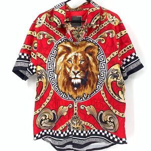 Decibel Mens XL Button Front S/S NOVELTY SHirt Red and gold
